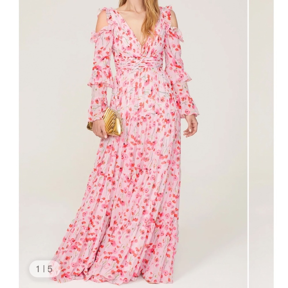 Ieena for Mac Duggal Pink Floral Poppy Chiffon Maxi Gown Dress 8 e5